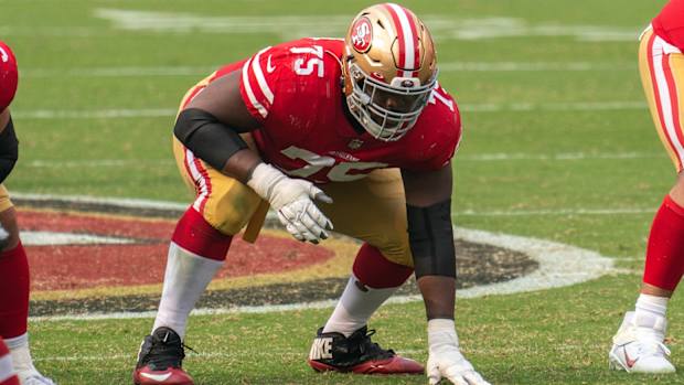 San Francisco 49ers guard Laken Tomlinson blocking